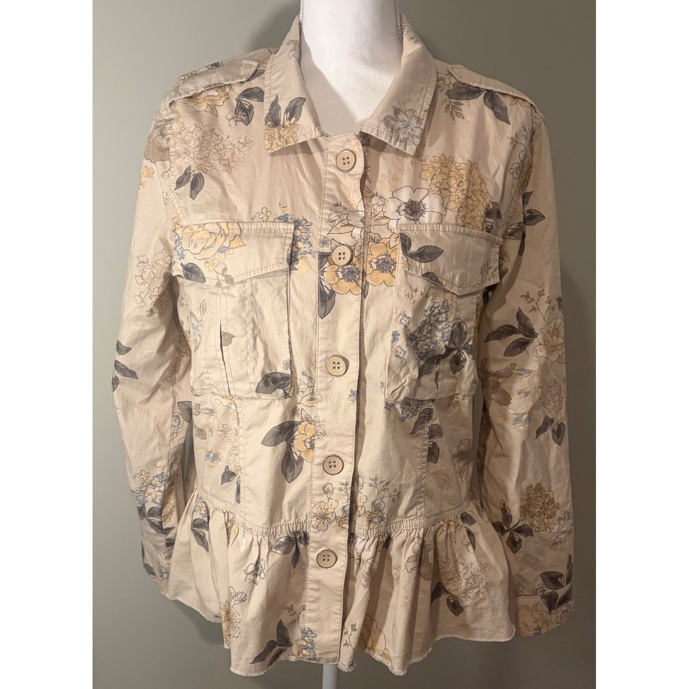 Democracy Women's Floral Utility Jacket Tan Beige Ruffle Peplum Medium